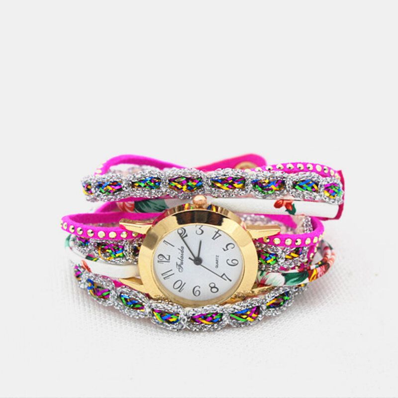 Deffrun Vintage Coloré Impression Femmes Bracelet Montre Multicouche Métal Strass Pu Montre À Quartz