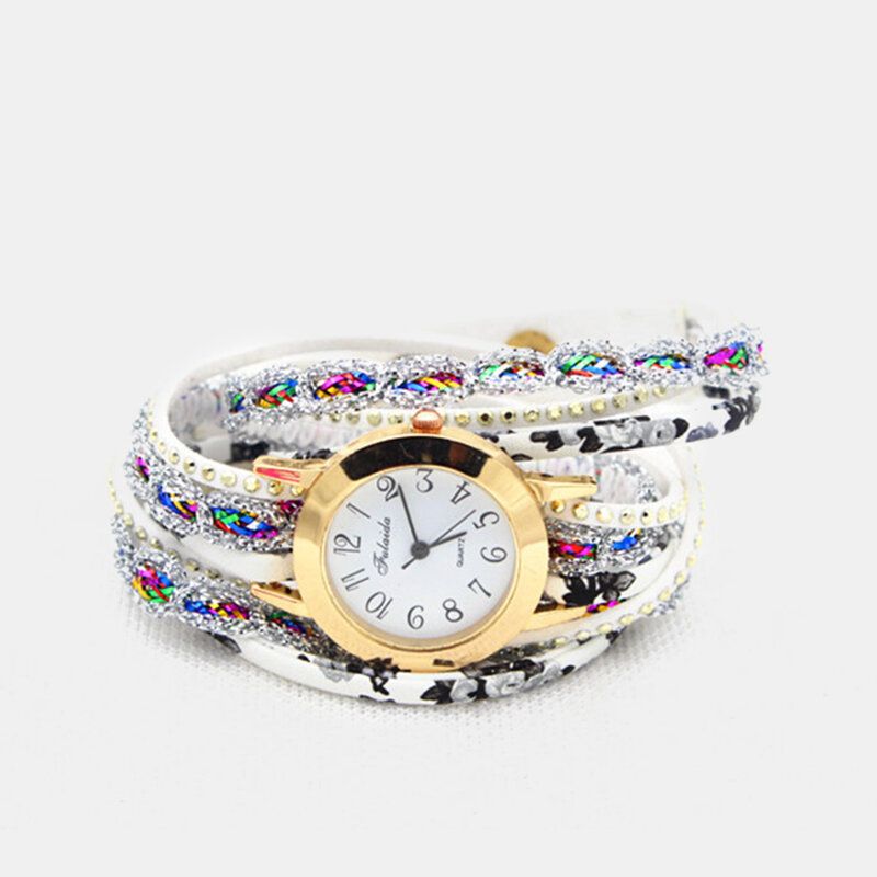 Deffrun Vintage Coloré Impression Femmes Bracelet Montre Multicouche Métal Strass Pu Montre À Quartz