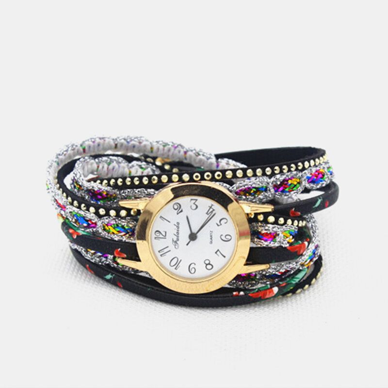 Deffrun Vintage Coloré Impression Femmes Bracelet Montre Multicouche Métal Strass Pu Montre À Quartz