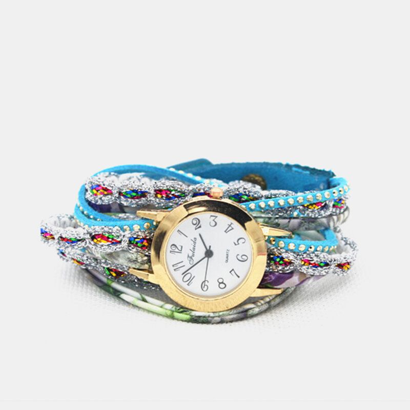 Deffrun Vintage Coloré Impression Femmes Bracelet Montre Multicouche Métal Strass Pu Montre À Quartz