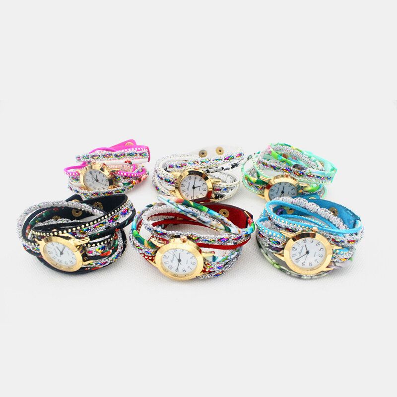 Deffrun Vintage Coloré Impression Femmes Bracelet Montre Multicouche Métal Strass Pu Montre À Quartz