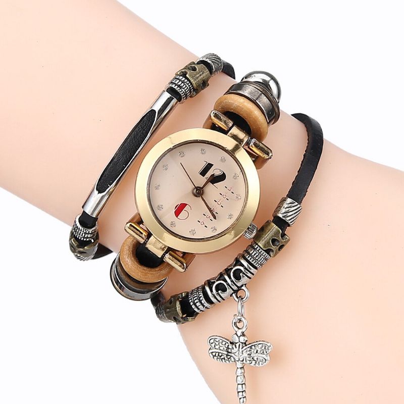 Deffrun Vintage Multicouche Femmes Bracelet Montre Diamant Libellule Pendentif Bracelet En Cuir Montre À Quartz