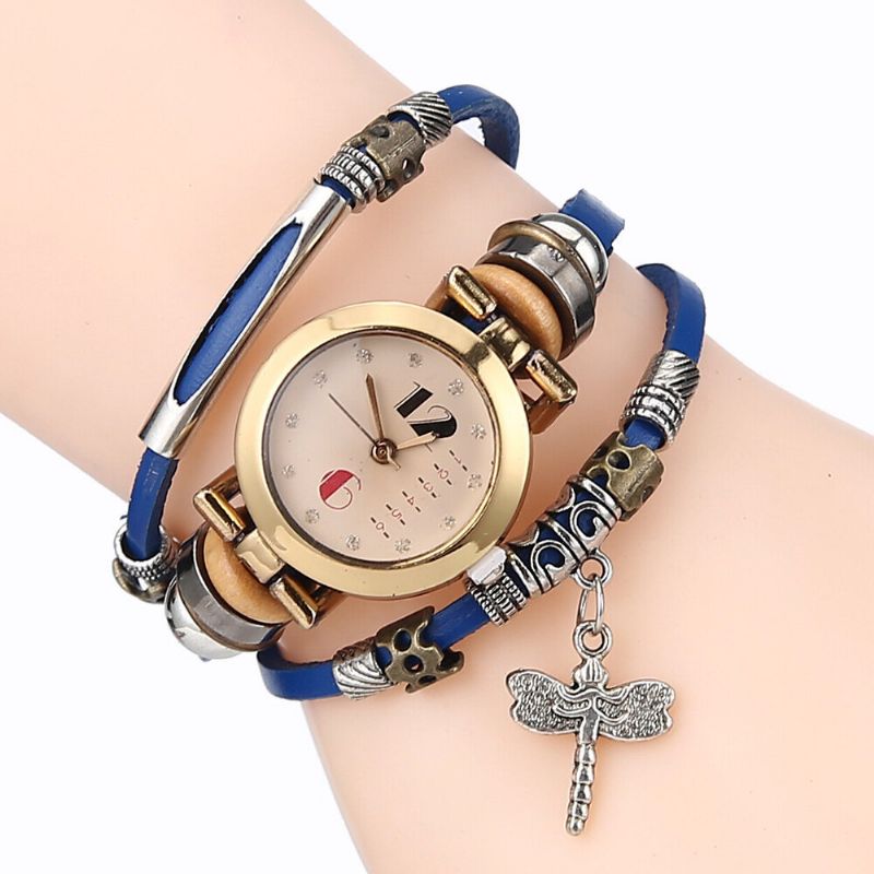 Deffrun Vintage Multicouche Femmes Bracelet Montre Diamant Libellule Pendentif Bracelet En Cuir Montre À Quartz