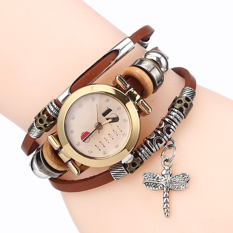 Deffrun Vintage Multicouche Femmes Bracelet Montre Diamant Libellule Pendentif Bracelet En Cuir Montre À Quartz