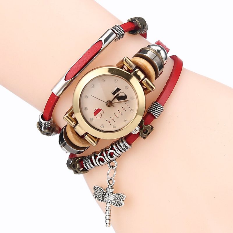 Deffrun Vintage Multicouche Femmes Bracelet Montre Diamant Libellule Pendentif Bracelet En Cuir Montre À Quartz