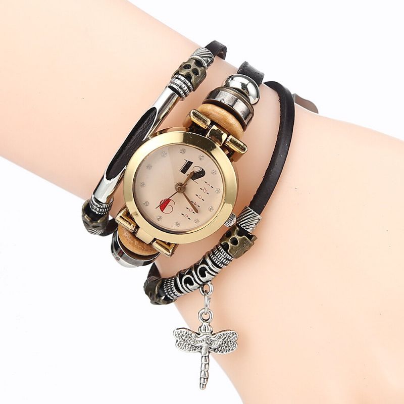 Deffrun Vintage Multicouche Femmes Bracelet Montre Diamant Libellule Pendentif Bracelet En Cuir Montre À Quartz