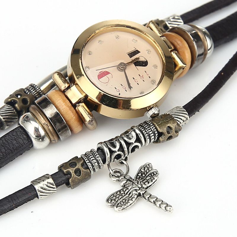 Deffrun Vintage Multicouche Femmes Bracelet Montre Diamant Libellule Pendentif Bracelet En Cuir Montre À Quartz