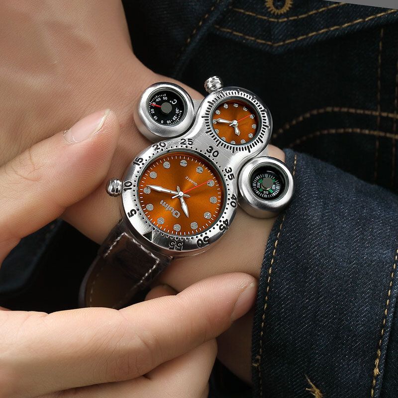 Design Irrégulier Créatif Boussole Thermomètre Hommes Montre À Quartz Montre-bracelet