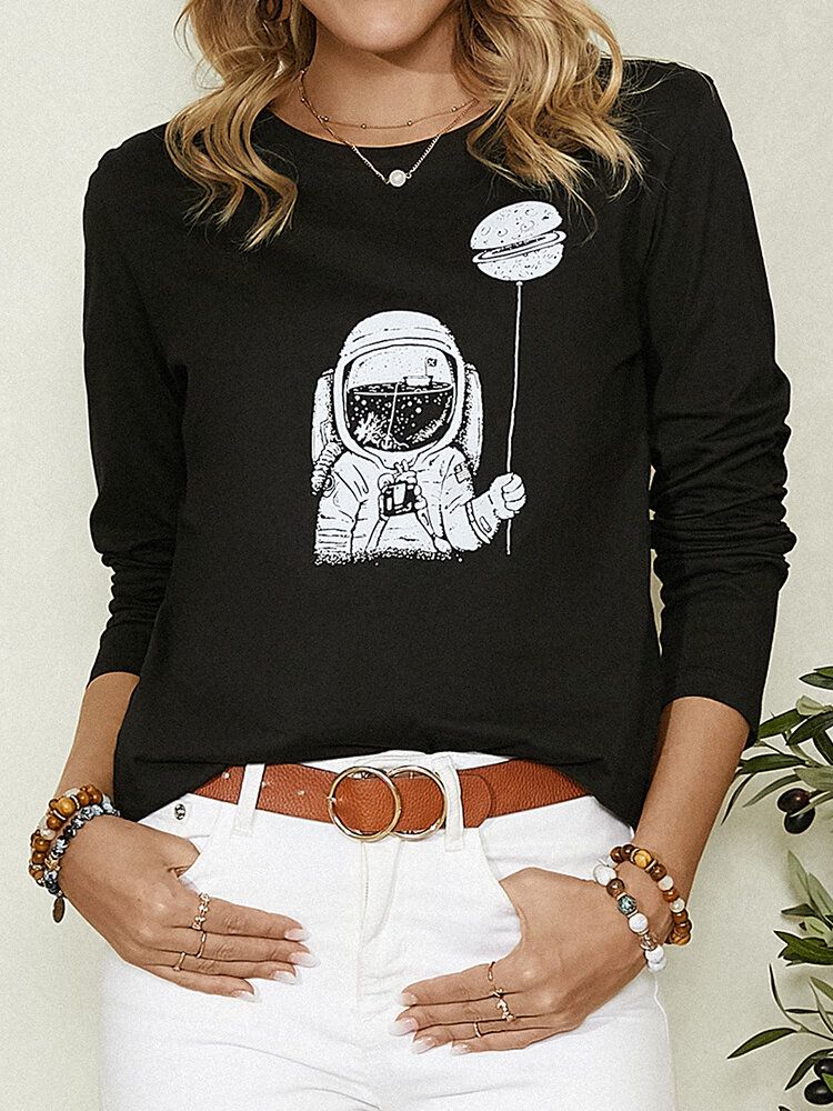 Dessin Animé Astronaute Imprimé À Manches Longues Col Rond Simple Blouse Décontractée Pour Les Femmes