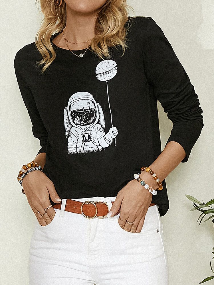 Dessin Animé Astronaute Imprimé À Manches Longues Col Rond Simple Blouse Décontractée Pour Les Femmes