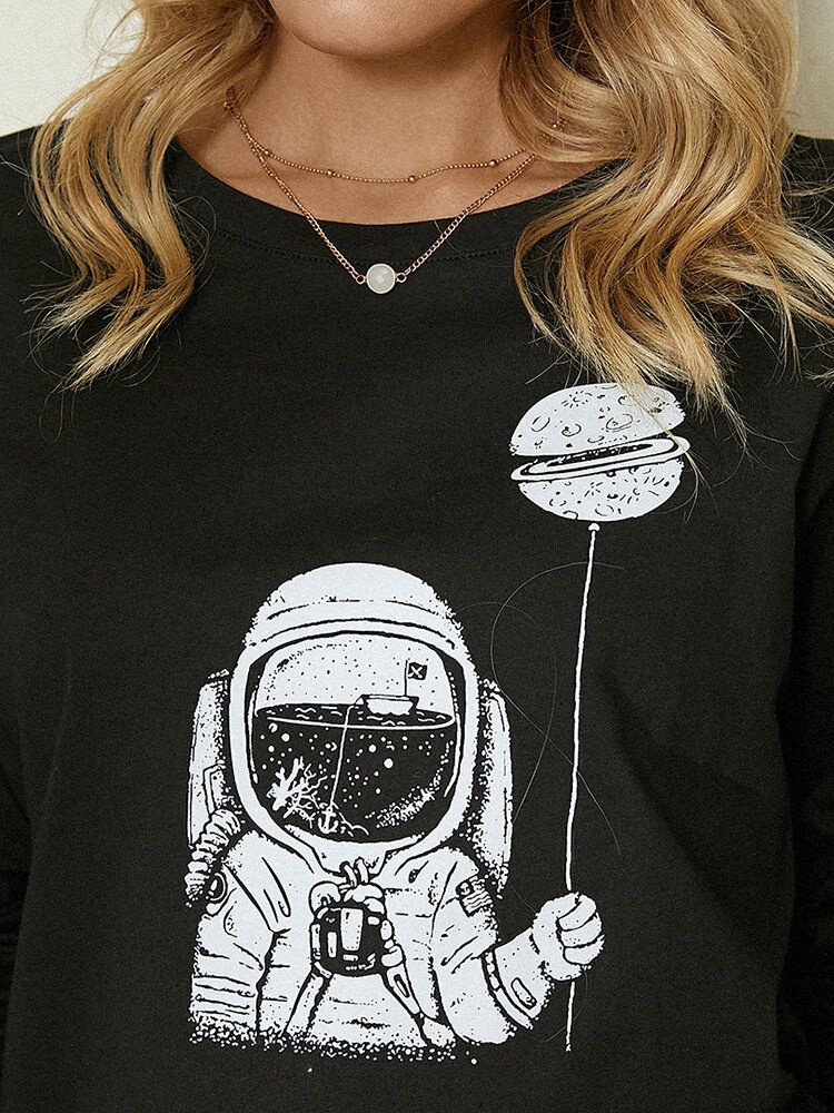 Dessin Animé Astronaute Imprimé À Manches Longues Col Rond Simple Blouse Décontractée Pour Les Femmes