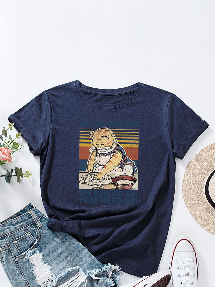 Dessin Animé Chat Lettres Imprimer O-cou Femmes T-shirt Décontracté