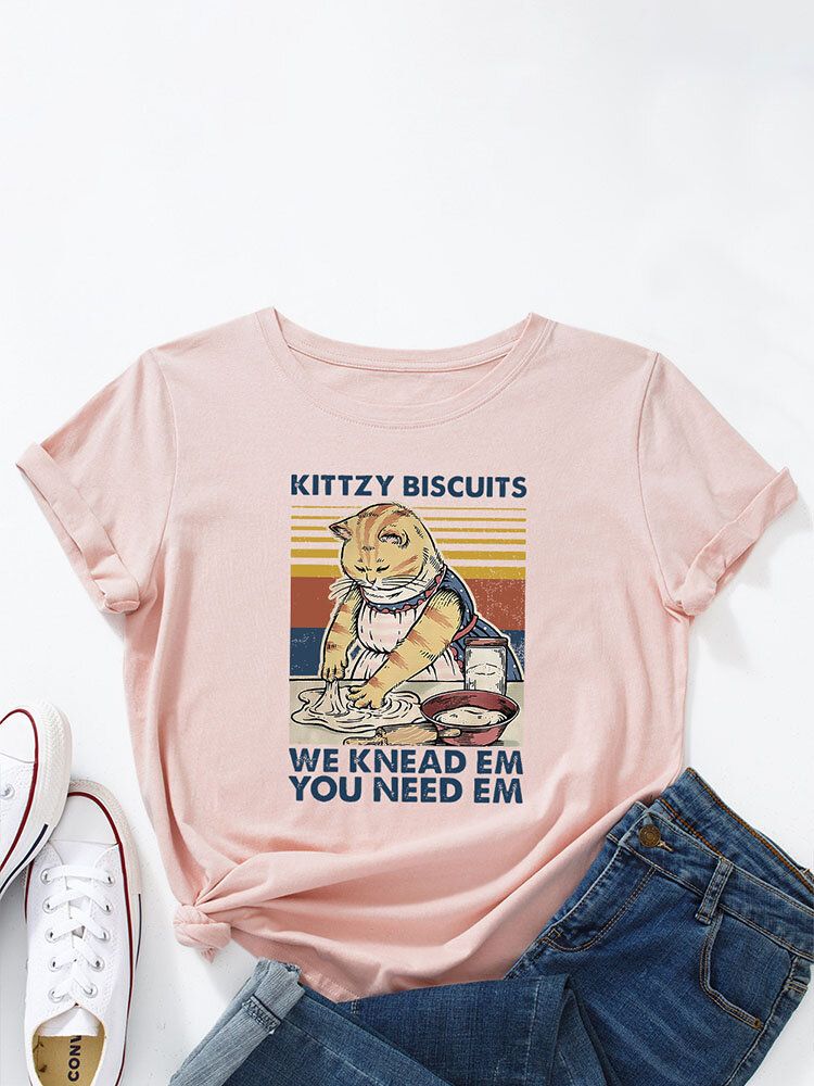 Dessin Animé Chat Lettres Imprimer O-cou Femmes T-shirt Décontracté