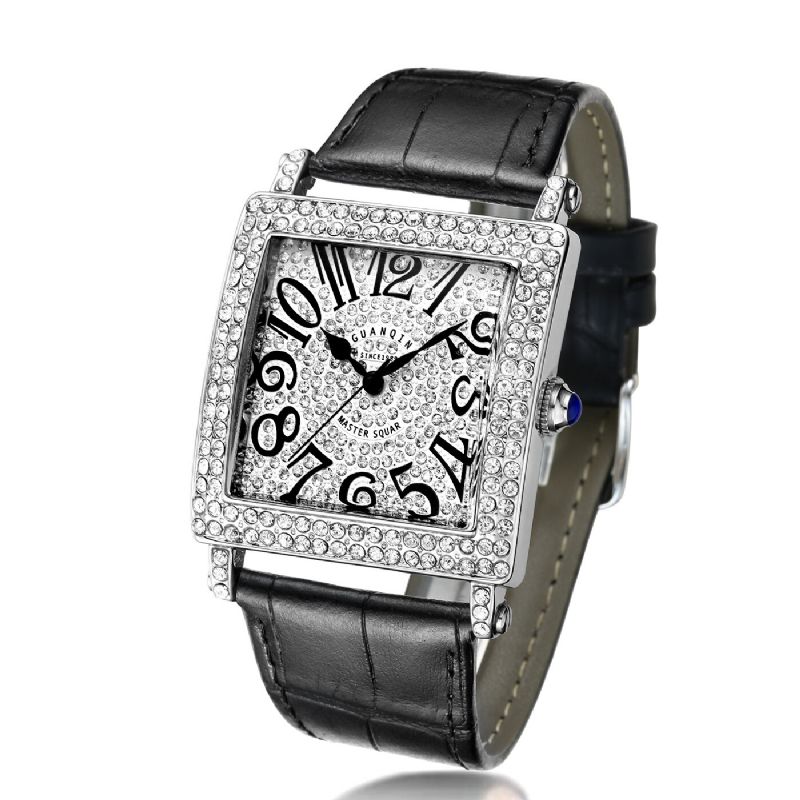 Diamond Rectangle Montre-bracelet Unisexe Ultra Mince Bracelet En Cuir Véritable Montre À Quartz