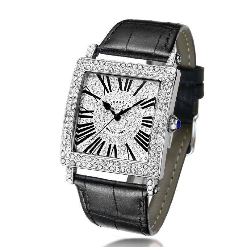 Diamond Rectangle Montre-bracelet Unisexe Ultra Mince Bracelet En Cuir Véritable Montre À Quartz