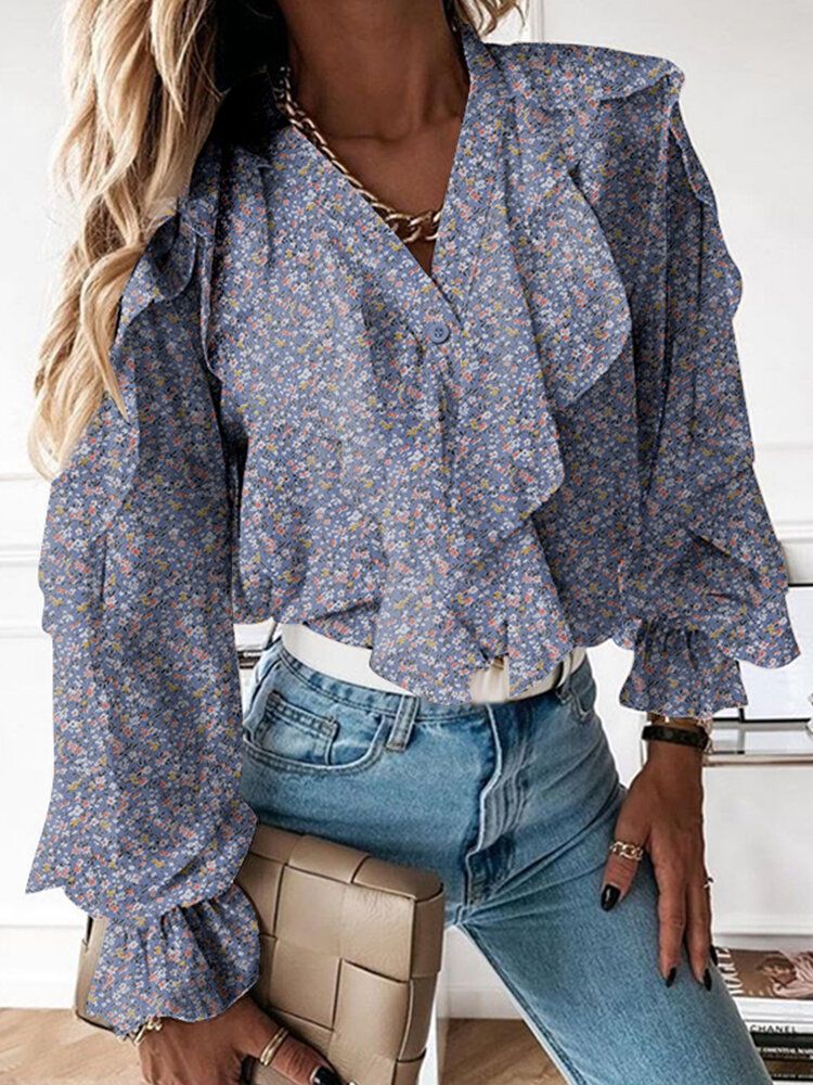 Ditsy Floral Print V-cou Casual Manches Volantes Bouton Casual Blouses Pour Femmes