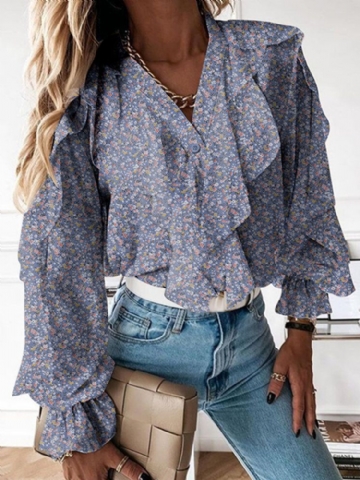 Ditsy Floral Print V-cou Casual Manches Volantes Bouton Casual Blouses Pour Femmes