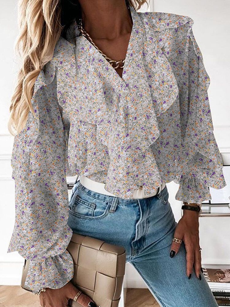 Ditsy Floral Print V-cou Casual Manches Volantes Bouton Casual Blouses Pour Femmes