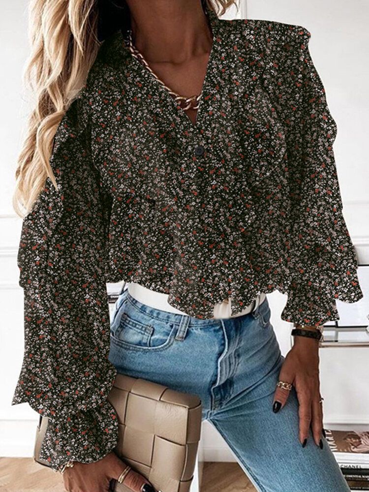 Ditsy Floral Print V-cou Casual Manches Volantes Bouton Casual Blouses Pour Femmes