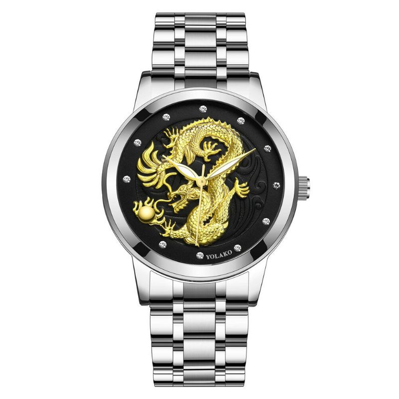 Dragon Sculpture 3d Décoration De Mode De Luxe En Acier Inoxydable Bracelet Hommes Montre À Quartz Montre-bracelet