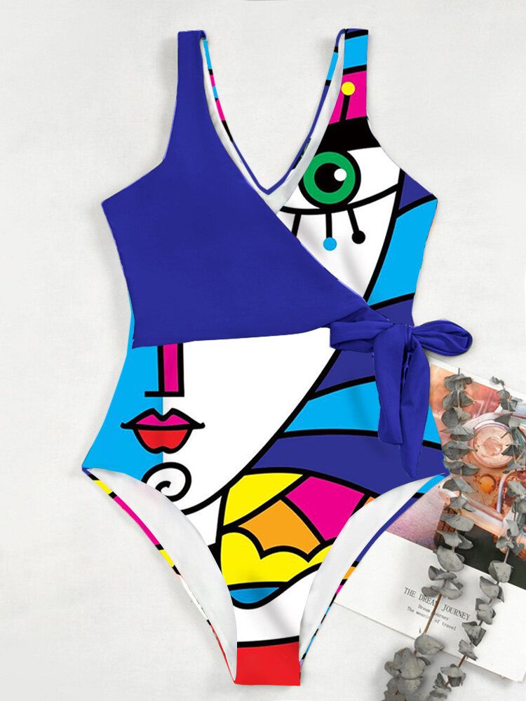 Drôle Abstrait Graffiti Imprimer Sans Manches Minceur Noué Hawaii Femmes Maillots De Bain