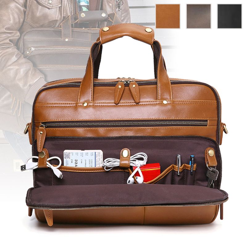 E Ekphero Hommes Pu Cuir Multifonction Grande Capacité Vintage 14 Pouces Ordinateur Portable Sac Multi-couches Porte-documents Sac À Main Bandoulière Sac