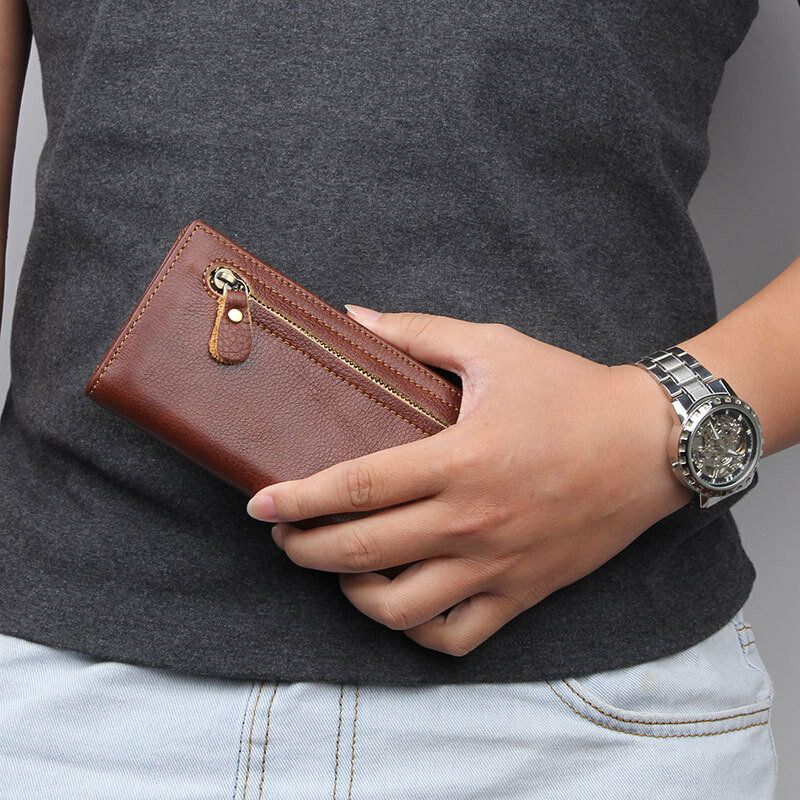 Ekphero Hommes En Cuir Véritable Long Bifold Rfid Anti-magnétique Portefeuille Multi-cartes Slot Porte-cartes