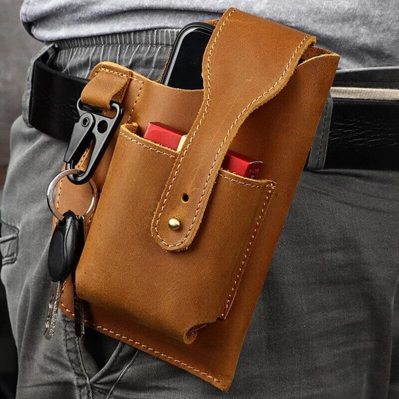 Ekphero Hommes En Cuir Véritable Vintage 6.3 Pouces Téléphone Sac Multifonction Porte-clés Peau De Vache Sac De Taille