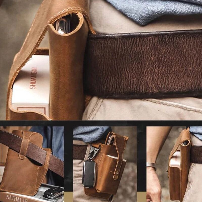 Ekphero Hommes En Cuir Véritable Vintage 6.3 Pouces Téléphone Sac Multifonction Porte-clés Peau De Vache Sac De Taille