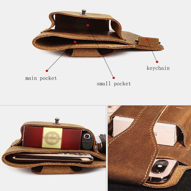 Ekphero Hommes En Cuir Véritable Vintage 6.3 Pouces Téléphone Sac Multifonction Porte-clés Peau De Vache Sac De Taille