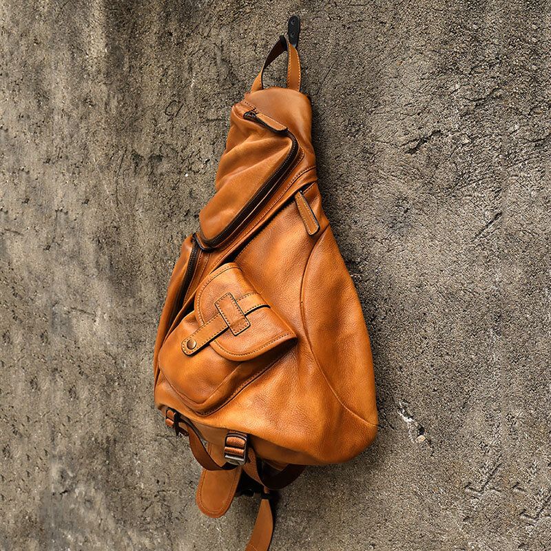 Ekphero Hommes Triangle Poitrine Sac Rétro En Cuir Pu B6 Parachutistes Grande Capacité En Cuir Souple Sacs Décontractés Sac À Bandoulière