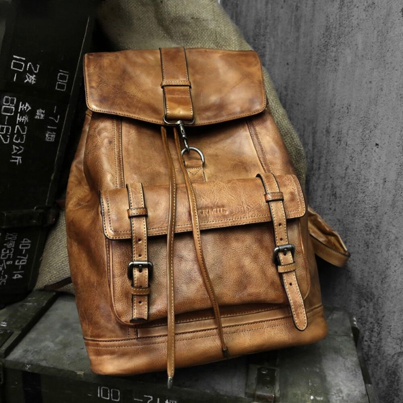 Ekphero Hommes Vintage Multifonctionnel Frotter Couleur Fausse Fourrure Grande Capacité Multi-poches Casual Sacs À Dos Sac À Main