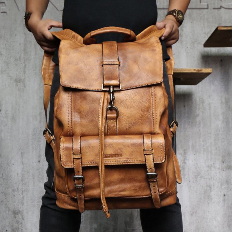 Ekphero Hommes Vintage Multifonctionnel Frotter Couleur Fausse Fourrure Grande Capacité Multi-poches Casual Sacs À Dos Sac À Main