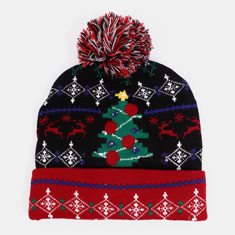 Enfant Adulte Jacquard Lettre Dessin Animé Motif Chaud Festif Chapeau De Noël Bonnet Tricoté Avec Lumière Led Lumineuse