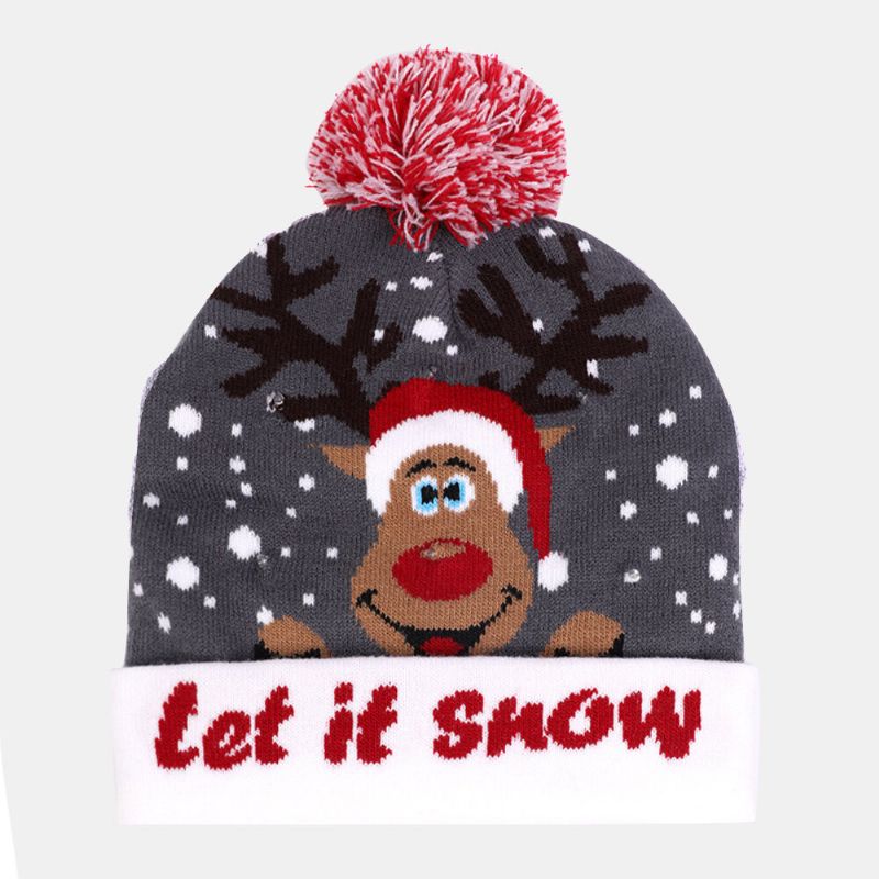 Enfant Adulte Jacquard Lettre Dessin Animé Motif Chaud Festif Chapeau De Noël Bonnet Tricoté Avec Lumière Led Lumineuse