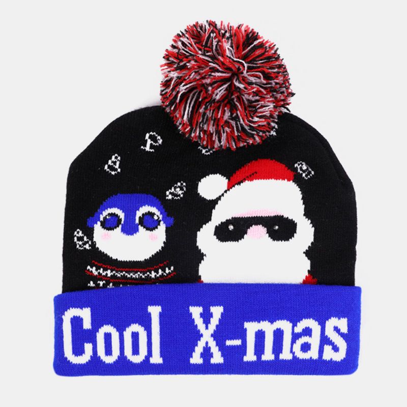 Enfant Adulte Jacquard Lettre Dessin Animé Motif Chaud Festif Chapeau De Noël Bonnet Tricoté Avec Lumière Led Lumineuse