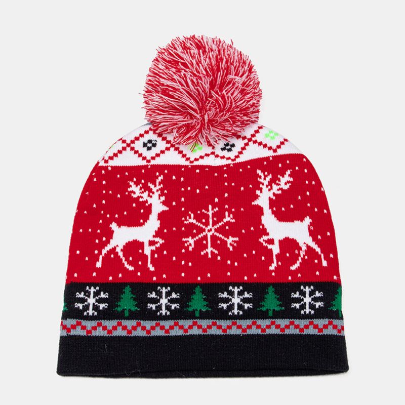 Enfant Adulte Laine Jacquard Chaud Festif Noël Elk Bonhommes De Neige Motif Bonnet Tricoté Avec Boule De Peluche