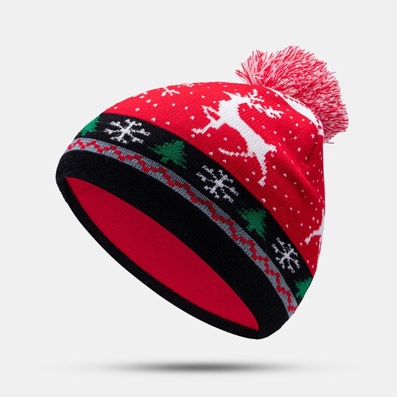 Enfant Adulte Laine Jacquard Chaud Festif Noël Elk Bonhommes De Neige Motif Bonnet Tricoté Avec Boule De Peluche