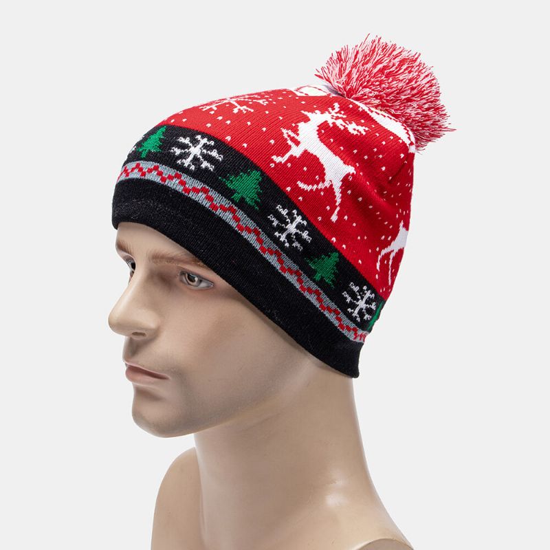 Enfant Adulte Laine Jacquard Chaud Festif Noël Elk Bonhommes De Neige Motif Bonnet Tricoté Avec Boule De Peluche