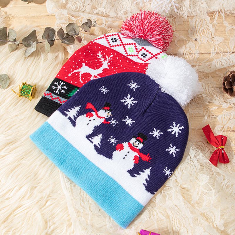 Enfant Adulte Laine Jacquard Chaud Festif Noël Elk Bonhommes De Neige Motif Bonnet Tricoté Avec Boule De Peluche