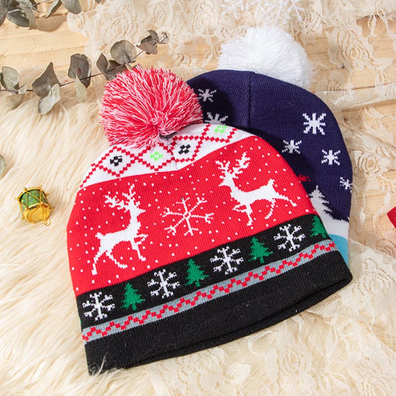 Enfant Adulte Laine Jacquard Chaud Festif Noël Elk Bonhommes De Neige Motif Bonnet Tricoté Avec Boule De Peluche