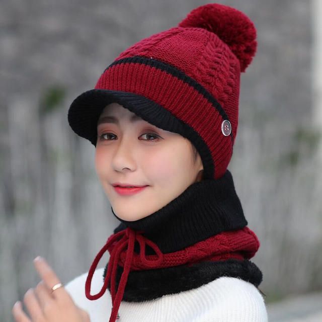 Ensemble Bonnet Et Écharpe En Laine Bonnet Chaud Hiver Pom Bonnet En Laine