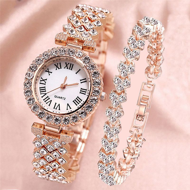 Ensemble Cadeau Pour Femme 2 Pièces Montre À Quartz Élégante De Style Luxe Bracelet Incrusté De Diamants