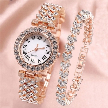 Ensemble Cadeau Pour Femme 2 Pièces Montre À Quartz Élégante De Style Luxe Bracelet Incrusté De Diamants