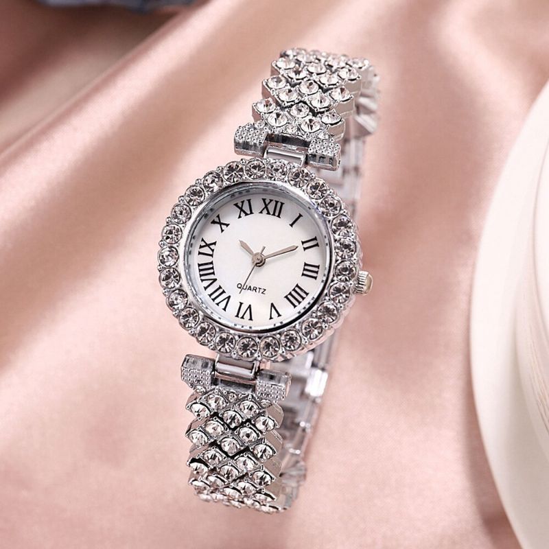 Ensemble Cadeau Pour Femme 2 Pièces Montre À Quartz Élégante De Style Luxe Bracelet Incrusté De Diamants