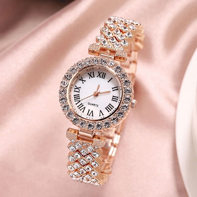 Ensemble Cadeau Pour Femme 2 Pièces Montre À Quartz Élégante De Style Luxe Bracelet Incrusté De Diamants