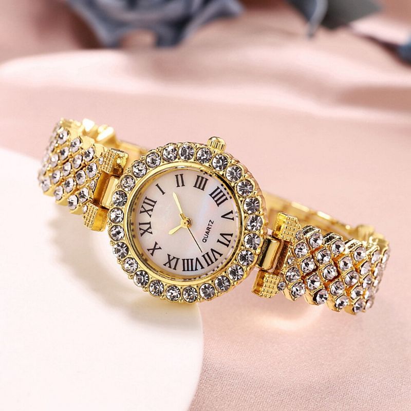 Ensemble Cadeau Pour Femme 2 Pièces Montre À Quartz Élégante De Style Luxe Bracelet Incrusté De Diamants