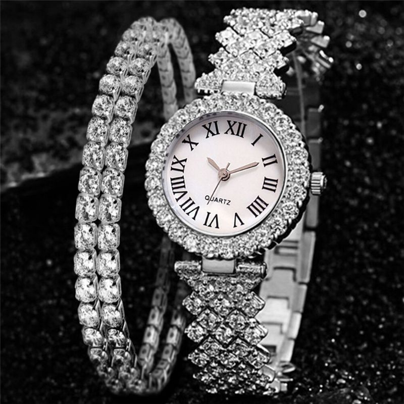 Ensemble Cadeau Pour Femme 2 Pièces Montre À Quartz Élégante De Style Luxe Bracelet Incrusté De Diamants