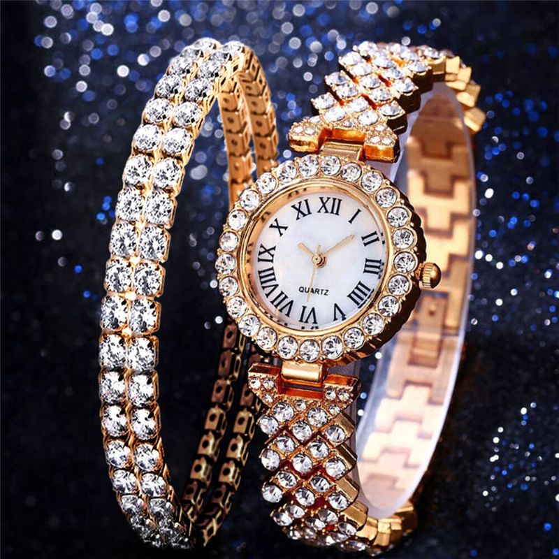 Ensemble Cadeau Pour Femme 2 Pièces Montre À Quartz Élégante De Style Luxe Bracelet Incrusté De Diamants