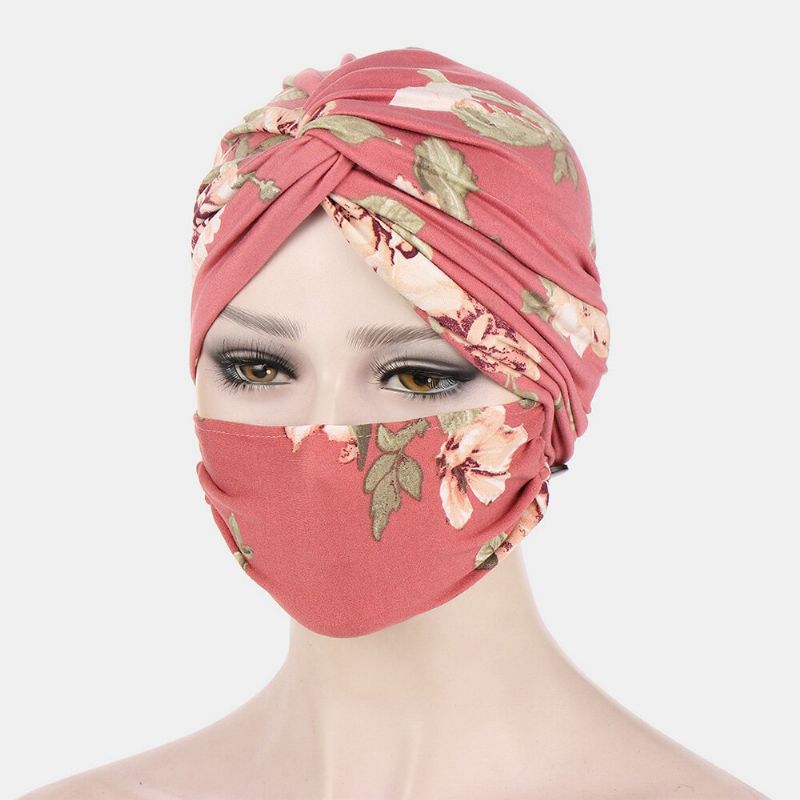 Ensemble De Masque Pour Bonnet Noué Pour Femme Polyester Feuilles Florales Tie-dye Motif Léopard Imprimé Bouton Anti-étranglement Respirant Turban Chapeau